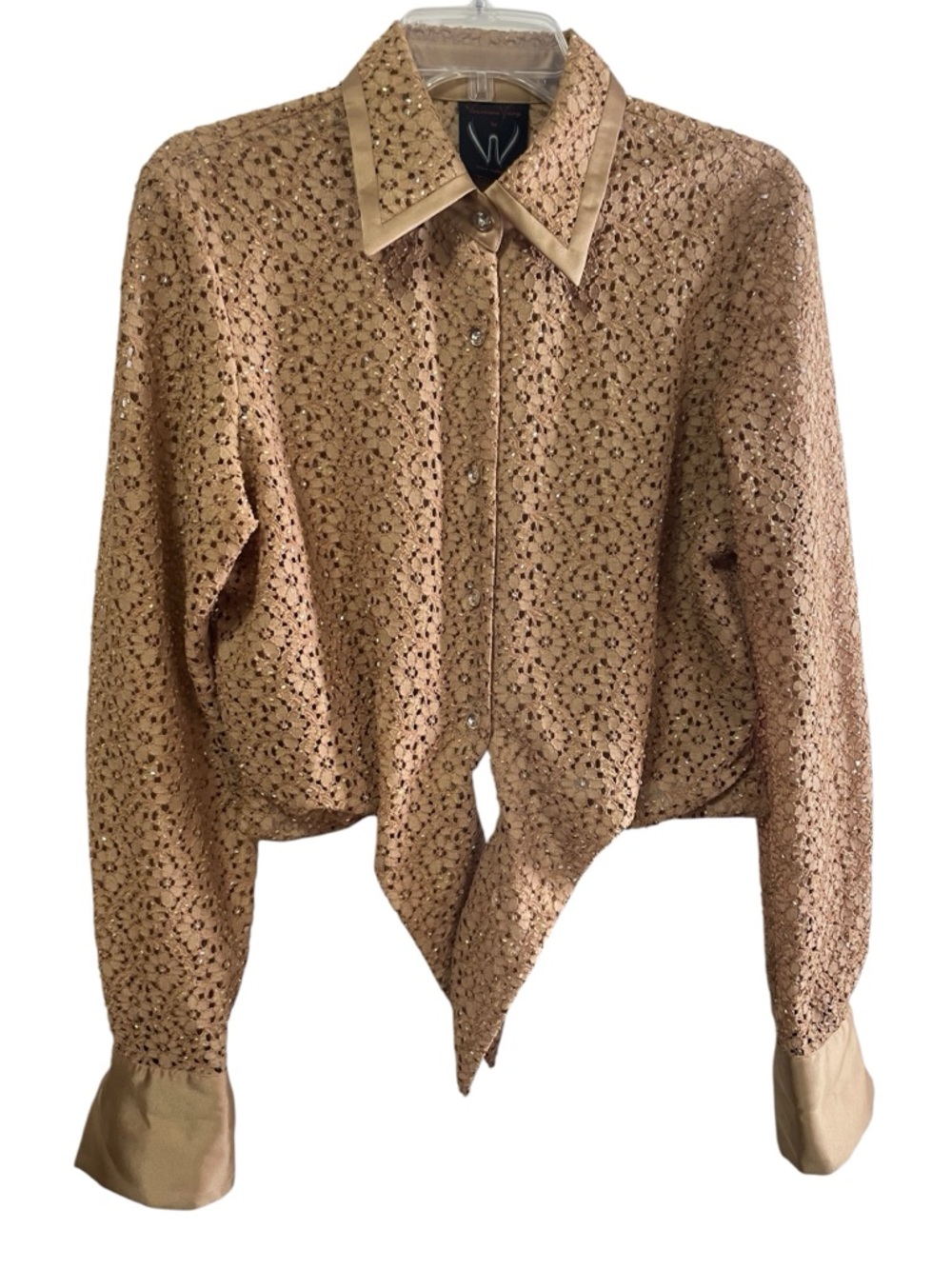 Veronique Young Party Blouse lace Cut-outs Beaded Rhinestone Lucite Buttons sz M